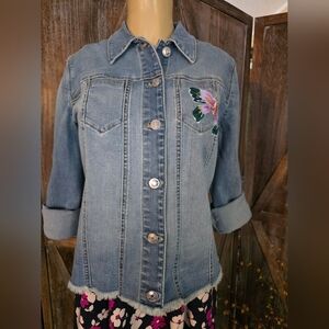 Chico's Denim Jacket With Handpainted Butterflies, Raw Hem